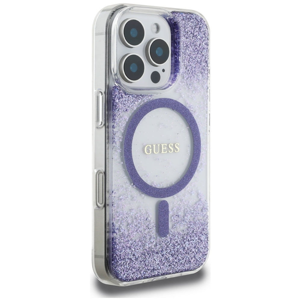 Husa MagSafe pentru Apple iPhone 16 Pro, Guess, Resin Bottom Glitter, Mov