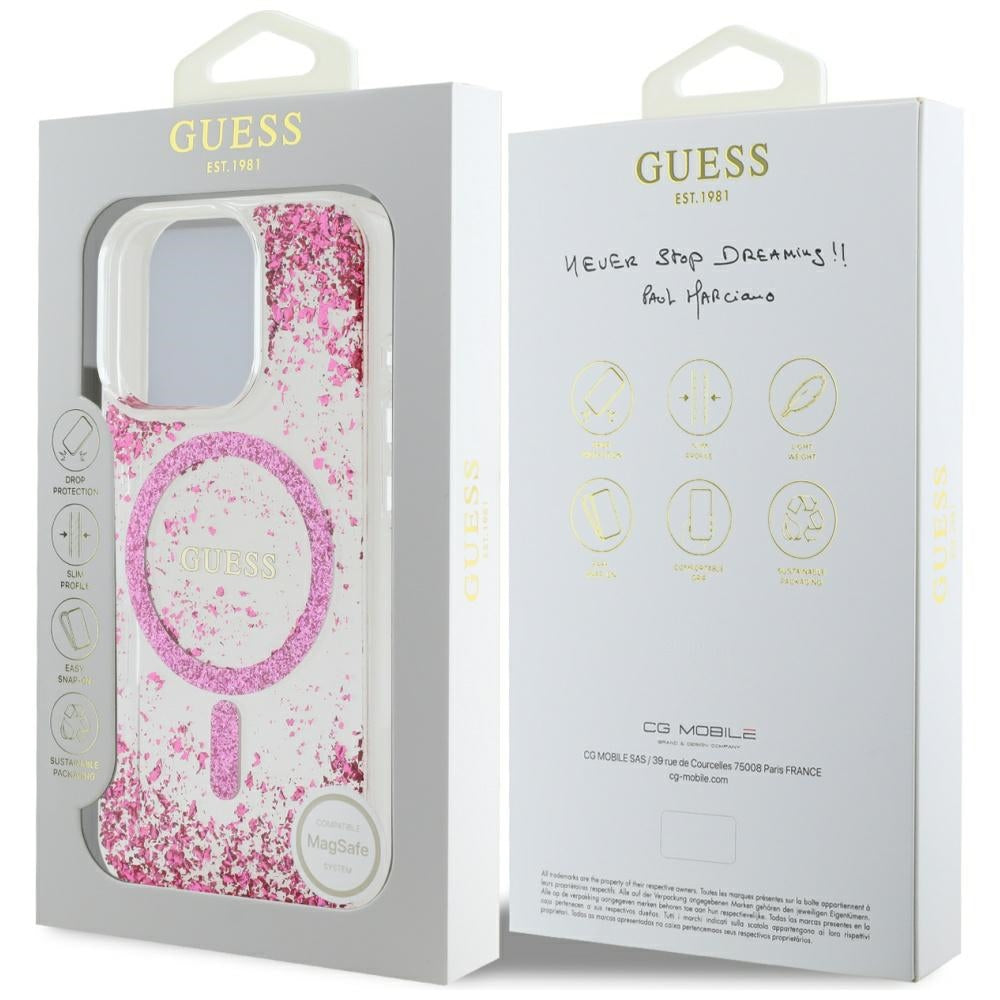 Husa MagSafe pentru Apple iPhone 16 Pro, Guess, Resin Bottom Glitter, Roz