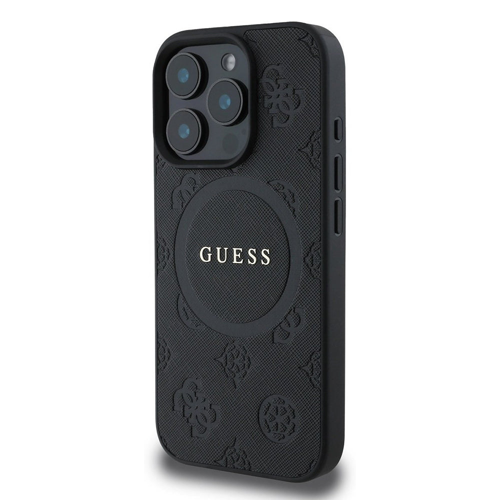 Husa MagSafe pentru Apple iPhone 16 Pro, Guess, Saffiano Peony Classic Logo, Neagra