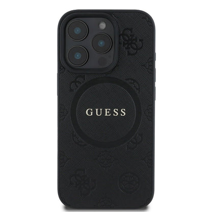 Husa MagSafe pentru Apple iPhone 16 Pro, Guess, Saffiano Peony Classic Logo, Neagra