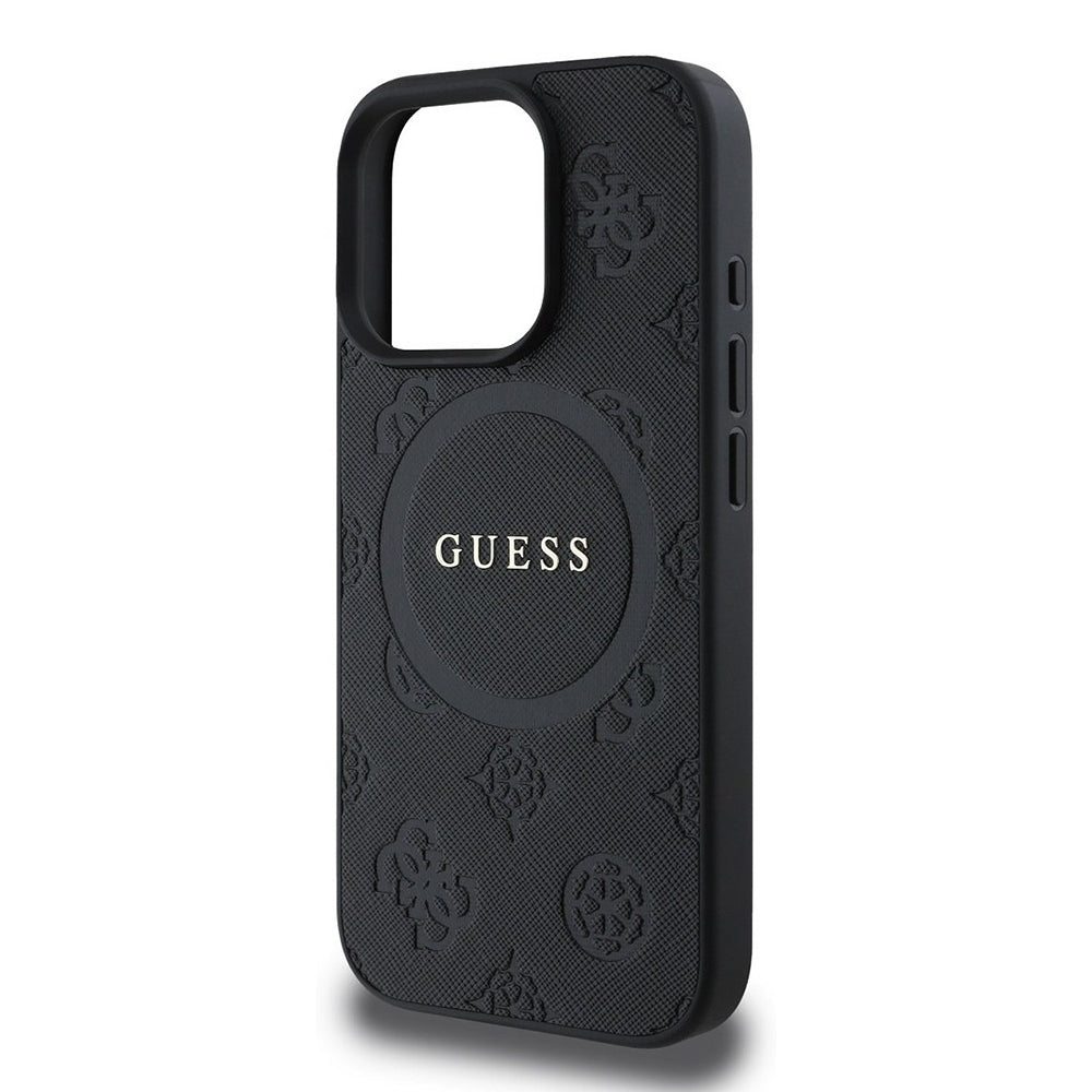 Husa MagSafe pentru Apple iPhone 16 Pro, Guess, Saffiano Peony Classic Logo, Neagra