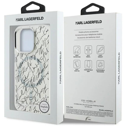 Husa MagSafe pentru Apple iPhone 16 Pro, Karl Lagerfeld, IML Karl Script Pattern, Alba