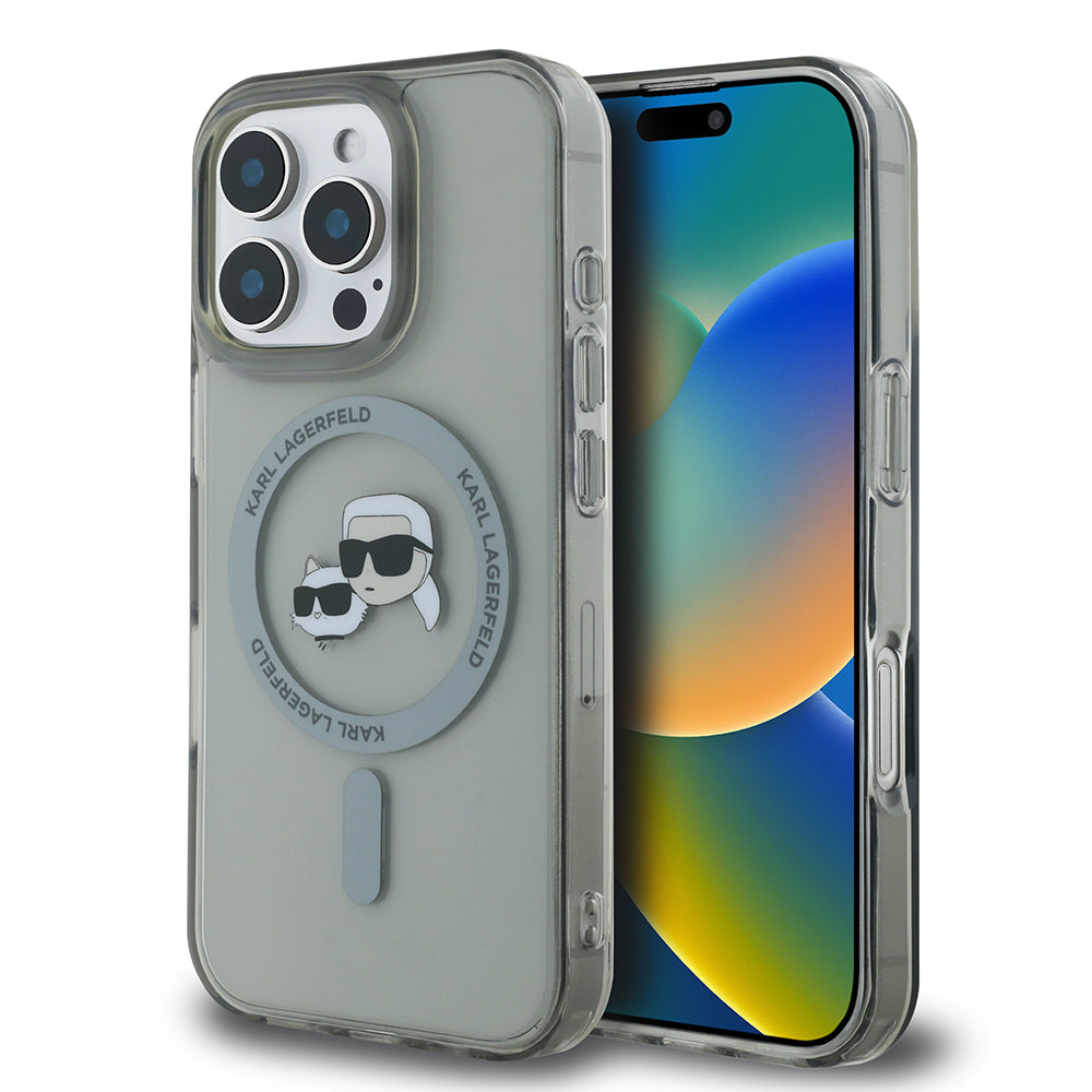 Husa MagSafe pentru Apple iPhone 16 Pro, Karl Lagerfeld, IML Metal Karl & Choupette's Heads, Neagra