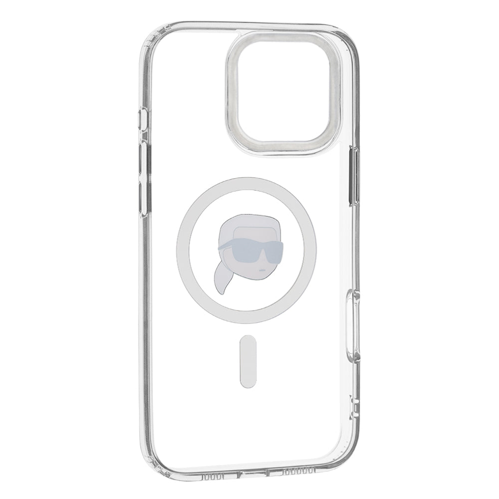 Husa MagSafe pentru Apple iPhone 16 Pro, Karl Lagerfeld, IML Metal Karl's Head, Alba