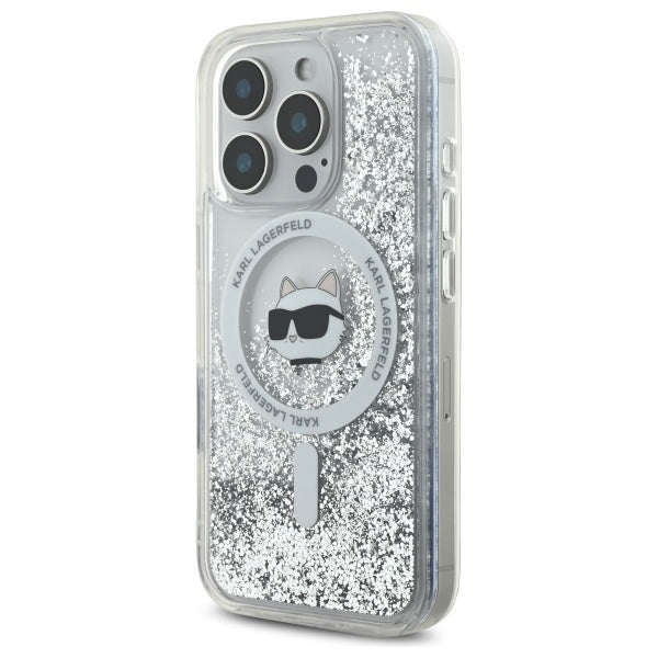 Husa MagSafe pentru Apple iPhone 16 Pro, Karl Lagerfeld, Liquid Glitter Choupette's Head, Transparenta