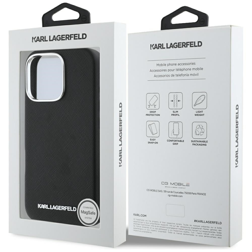 Husa MagSafe pentru Apple iPhone 16 Pro, Karl Lagerfeld, Saffiano Full Wrapped Elongated Metal Logo, Neagra