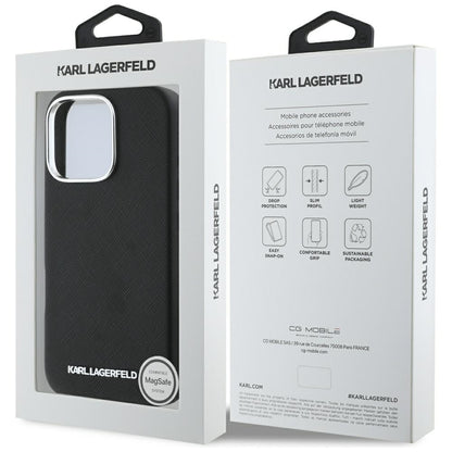 Husa MagSafe pentru Apple iPhone 16 Pro, Karl Lagerfeld, Saffiano Full Wrapped Elongated Metal Logo, Neagra