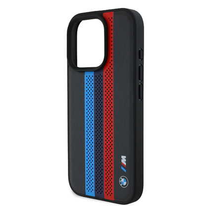 Husa MagSafe pentru Apple iPhone 16 Pro Max, BMW, Perforated M Perf. Tricolor Stripers, Neagra