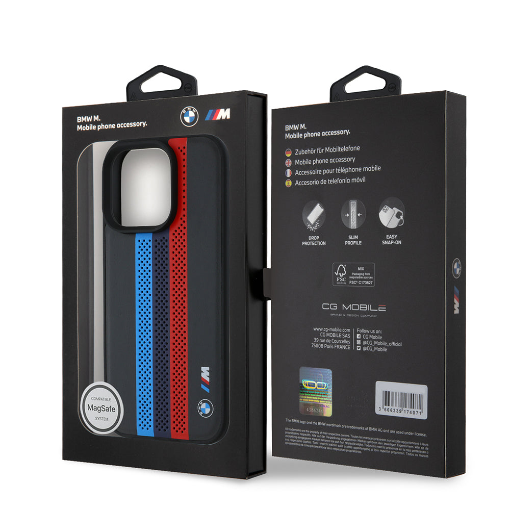 Husa MagSafe pentru Apple iPhone 16 Pro Max, BMW, Perforated M Perf. Tricolor Stripers, Neagra