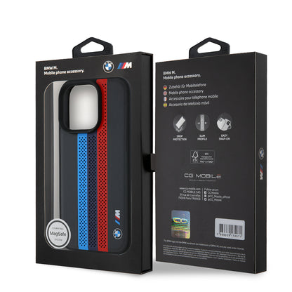 Husa MagSafe pentru Apple iPhone 16 Pro Max, BMW, Perforated M Perf. Tricolor Stripers, Neagra