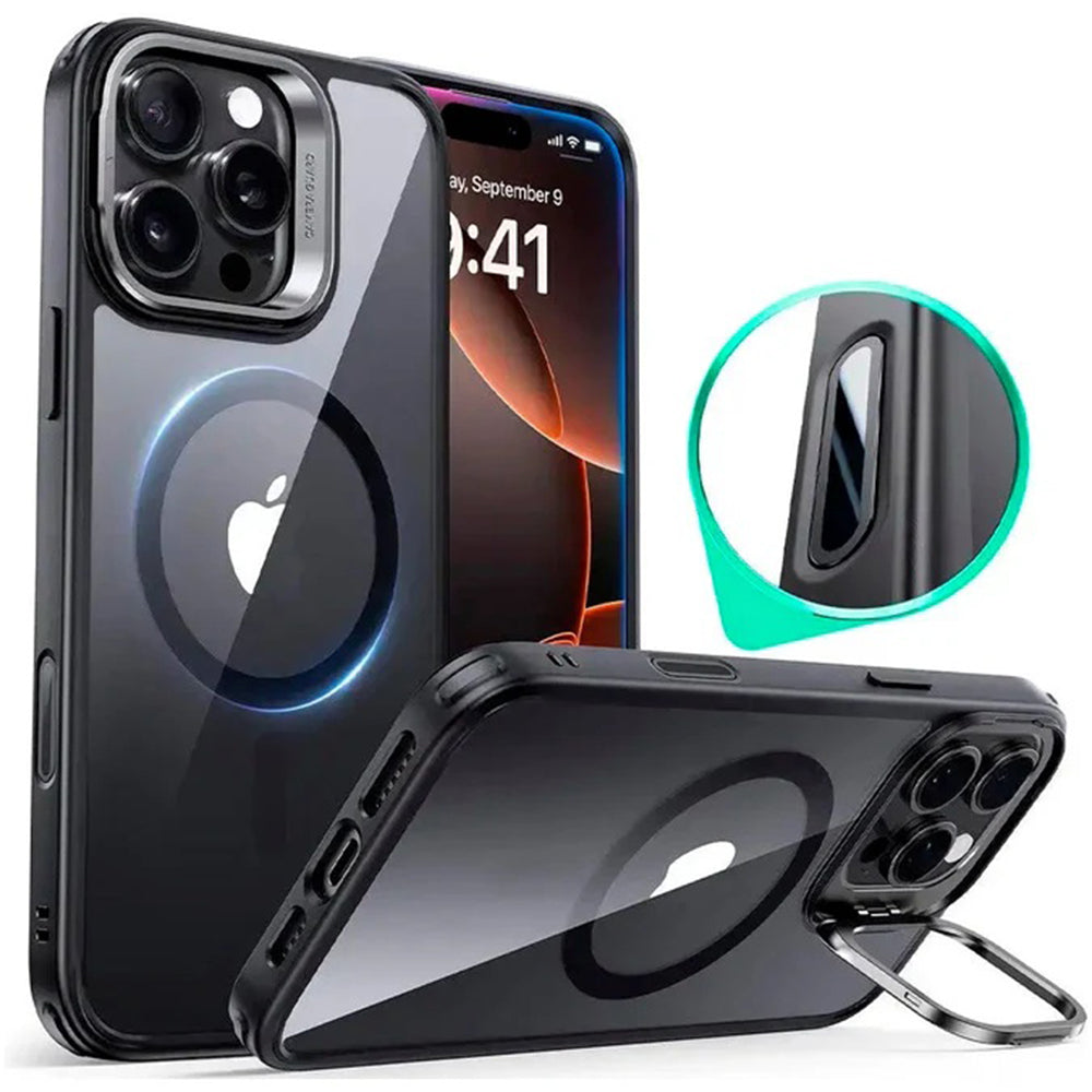 Husa MagSafe pentru Apple iPhone 16 Pro Max, ESR, Classic Hybrid Kickstand Slide, Neagra Transparenta