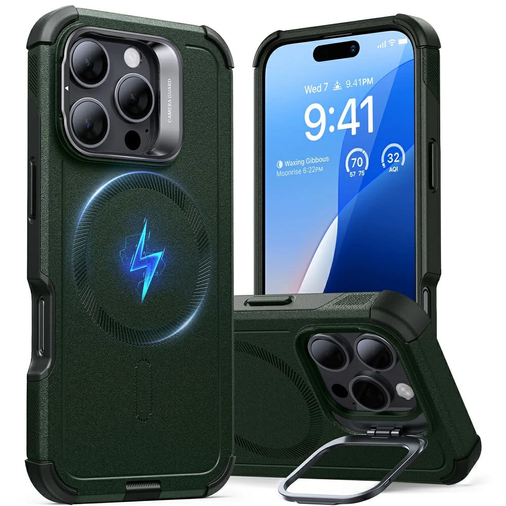 Husa MagSafe pentru Apple iPhone 16 Pro Max, ESR, Cyber Armor Kickstand, Verde