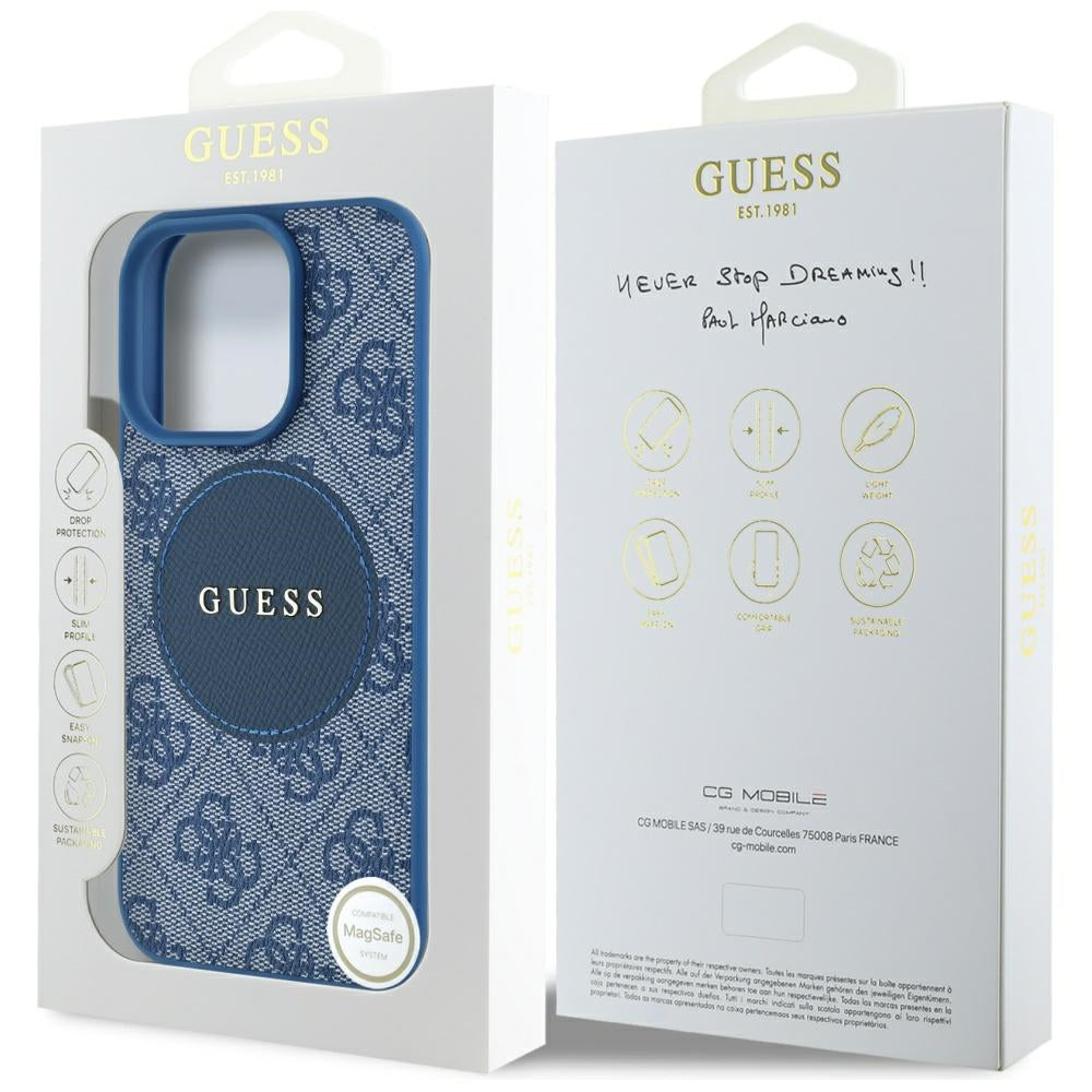 Husa MagSafe pentru Apple iPhone 16 Pro Max, Guess, 4G Circle Classic Logo, Albastra