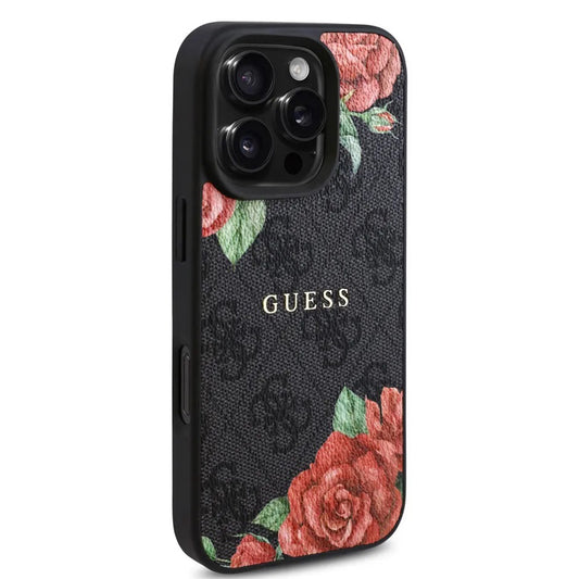 Husa MagSafe pentru Apple iPhone 16 Pro Max, Guess, 4G Flowers Print, Neagra