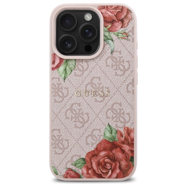 Husa MagSafe pentru Apple iPhone 16 Pro Max, Guess, 4G Flowers Print, Roz