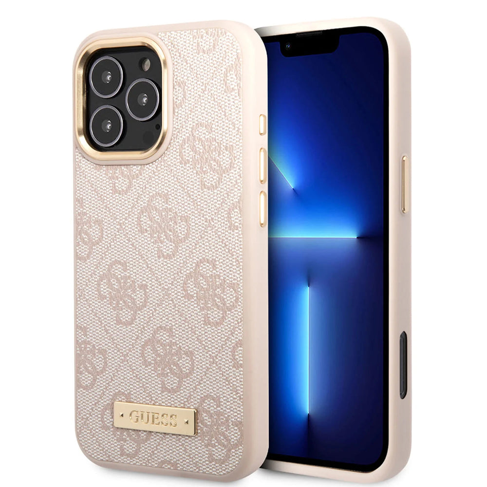 Husa MagSafe pentru Apple iPhone 16 Pro Max, Guess, 4G Logo Plate, Roz