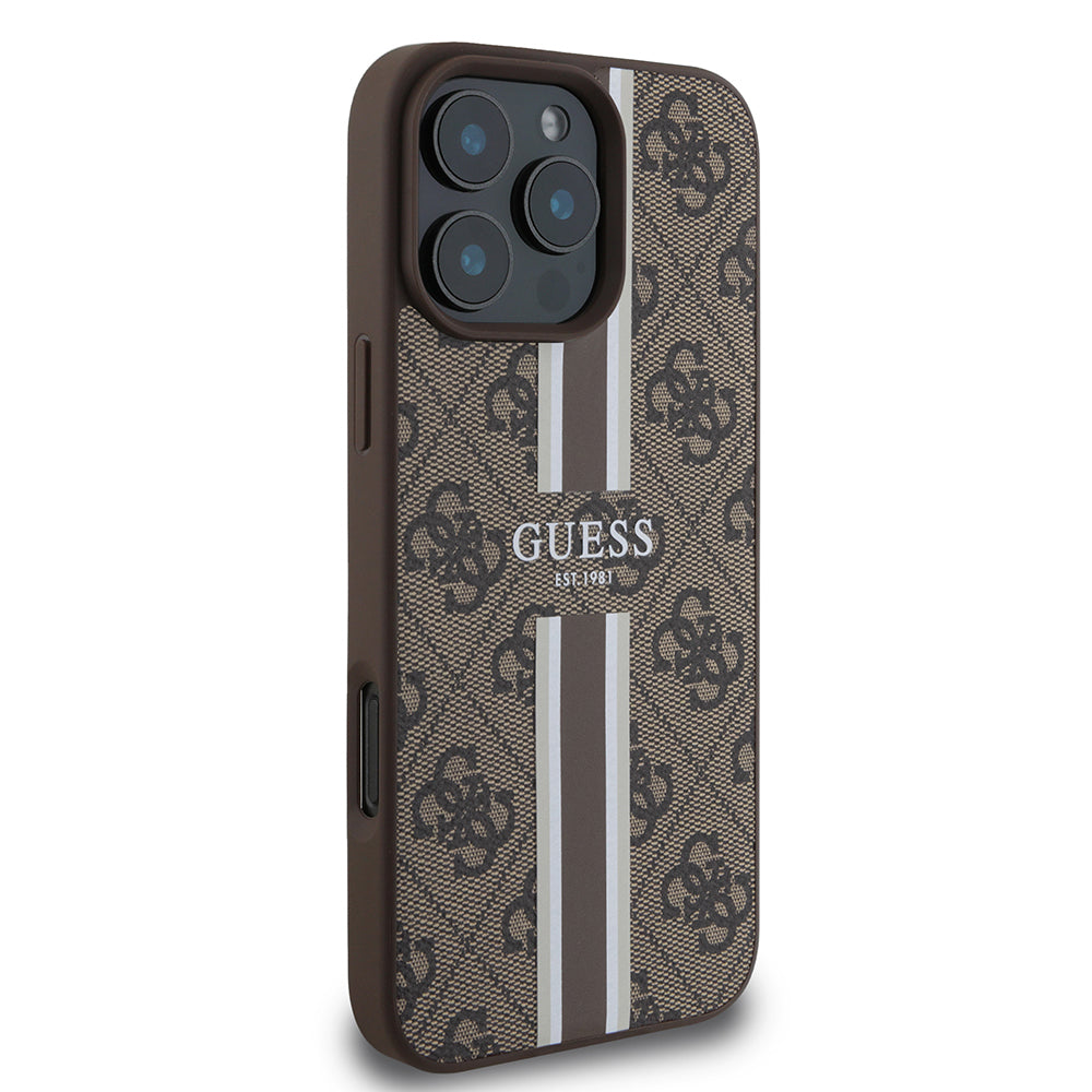 Husa MagSafe pentru Apple iPhone 16 Pro Max, Guess, 4G Printed Stripes, Maro