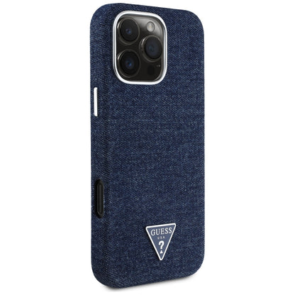 Husa MagSafe pentru Apple iPhone 16 Pro Max, Guess, Denim Triangle Logo, Albastra