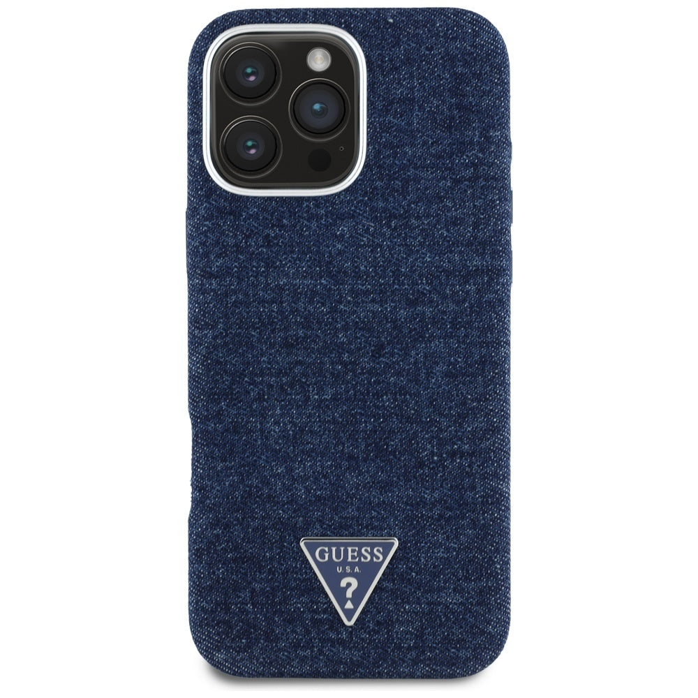 Husa MagSafe pentru Apple iPhone 16 Pro Max, Guess, Denim Triangle Logo, Albastra