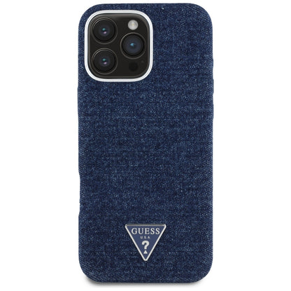 Husa MagSafe pentru Apple iPhone 16 Pro Max, Guess, Denim Triangle Logo, Albastra