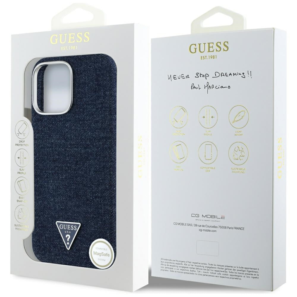 Husa MagSafe pentru Apple iPhone 16 Pro Max, Guess, Denim Triangle Logo, Albastra