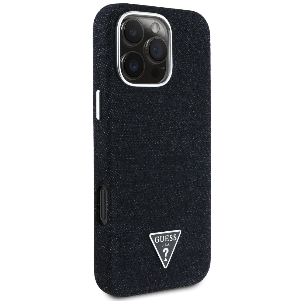 Husa MagSafe pentru Apple iPhone 16 Pro Max, Guess, Denim Triangle Logo, Neagra