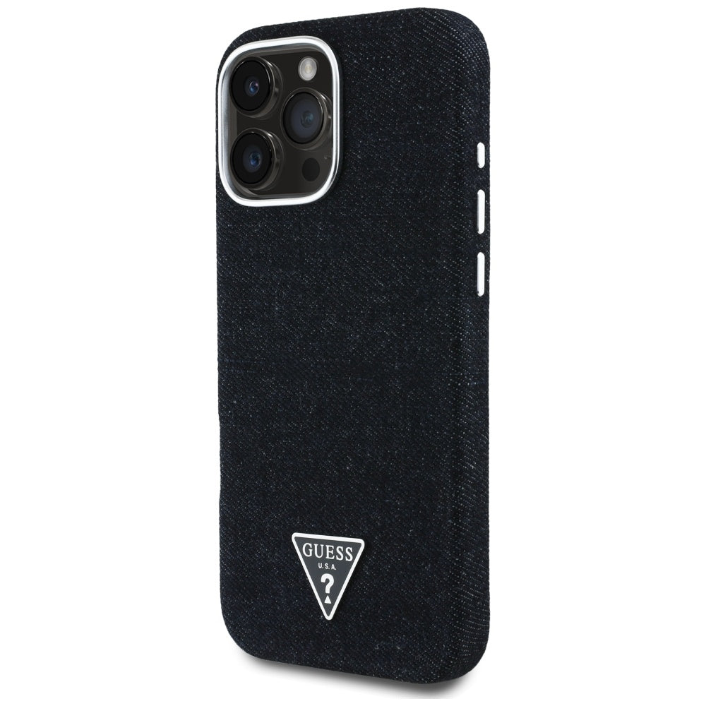 Husa MagSafe pentru Apple iPhone 16 Pro Max, Guess, Denim Triangle Logo, Neagra