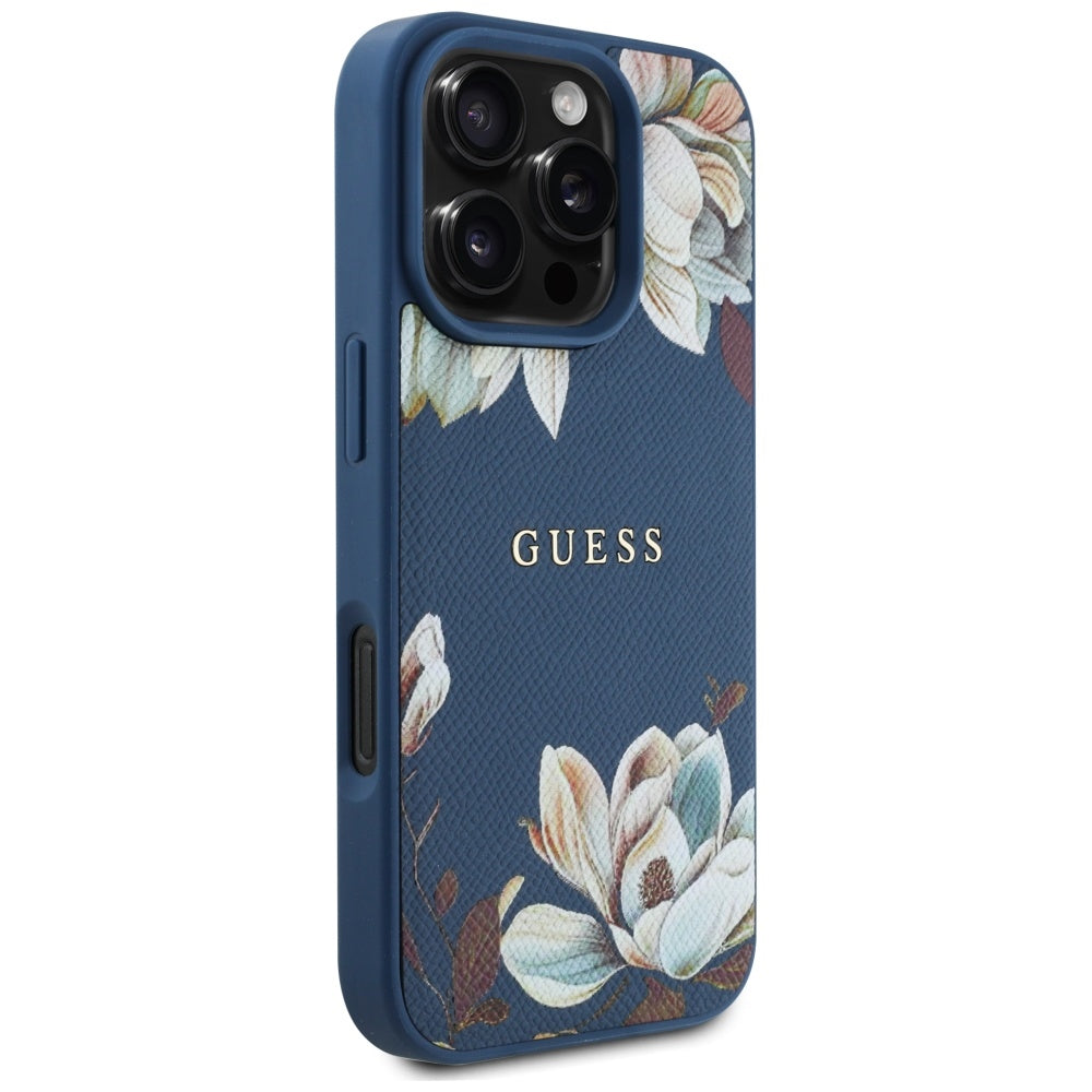 Husa MagSafe pentru Apple iPhone 16 Pro Max, Guess, Grained Flowers, Albastra