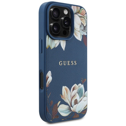 Husa MagSafe pentru Apple iPhone 16 Pro Max, Guess, Grained Flowers, Albastra