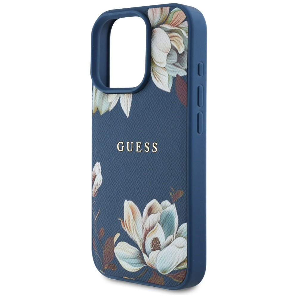 Husa MagSafe pentru Apple iPhone 16 Pro Max, Guess, Grained Flowers, Albastra