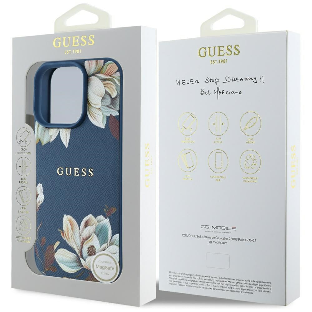 Husa MagSafe pentru Apple iPhone 16 Pro Max, Guess, Grained Flowers, Albastra