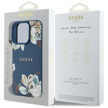Husa MagSafe pentru Apple iPhone 16 Pro Max, Guess, Grained Flowers, Albastra