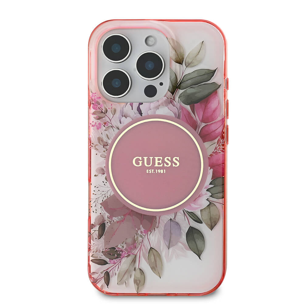 Husa MagSafe pentru Apple iPhone 16 Pro Max, Guess, IML Flower & Tonal Circle, Roz