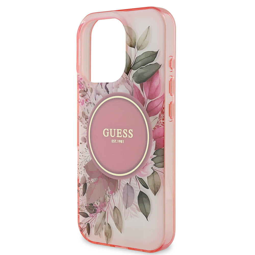 Husa MagSafe pentru Apple iPhone 16 Pro Max, Guess, IML Flower & Tonal Circle, Roz