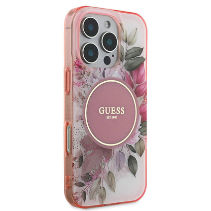 Husa MagSafe pentru Apple iPhone 16 Pro Max, Guess, IML Flower & Tonal Circle, Roz