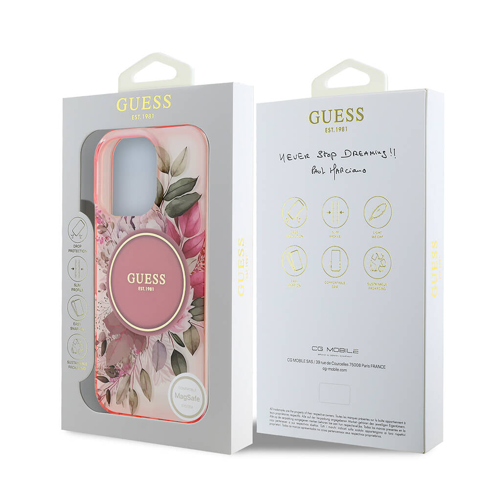 Husa MagSafe pentru Apple iPhone 16 Pro Max, Guess, IML Flower & Tonal Circle, Roz