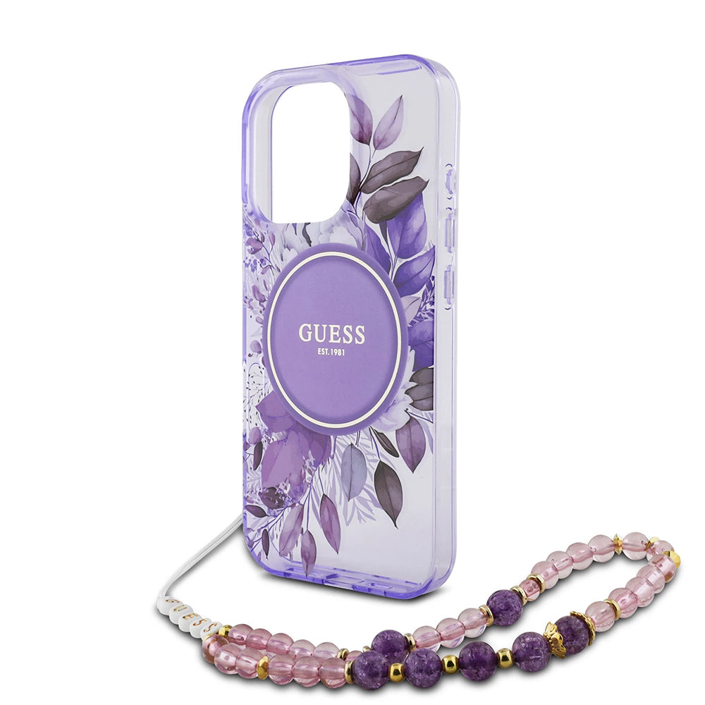 Husa MagSafe pentru Apple iPhone 16 Pro Max, Guess, IML Flowers with Pearl Strap, Mov