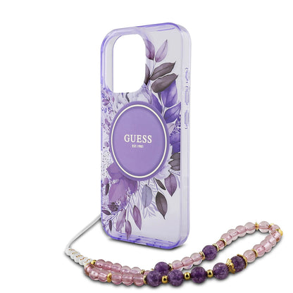 Husa MagSafe pentru Apple iPhone 16 Pro Max, Guess, IML Flowers with Pearl Strap, Mov