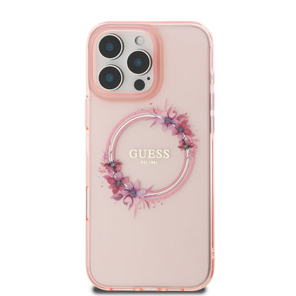 Husa MagSafe pentru Apple iPhone 16 Pro Max, Guess, IML Flowers Wreath, Roz