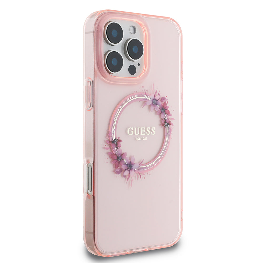 Husa MagSafe pentru Apple iPhone 16 Pro Max, Guess, IML Flowers Wreath, Roz