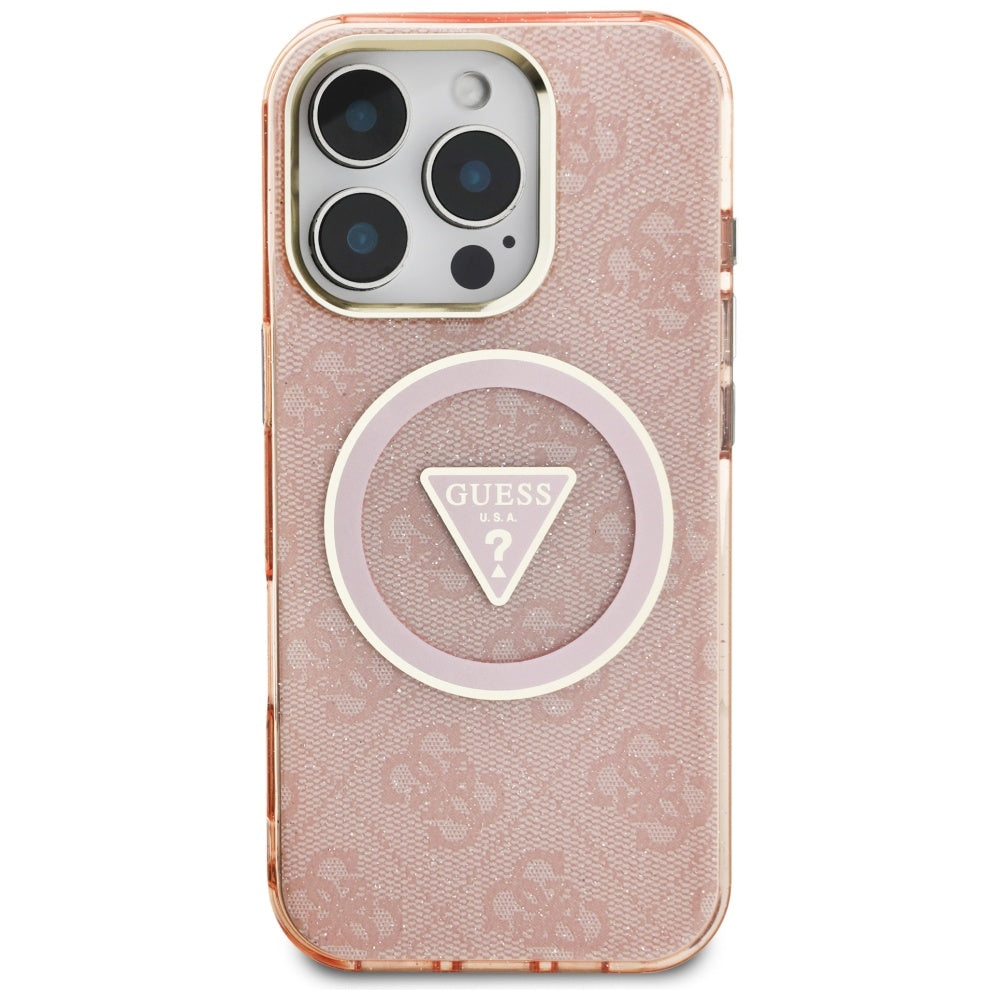 Husa MagSafe pentru Apple iPhone 16 Pro Max, Guess, IML Glitter 4G Circle Triangle, Roz
