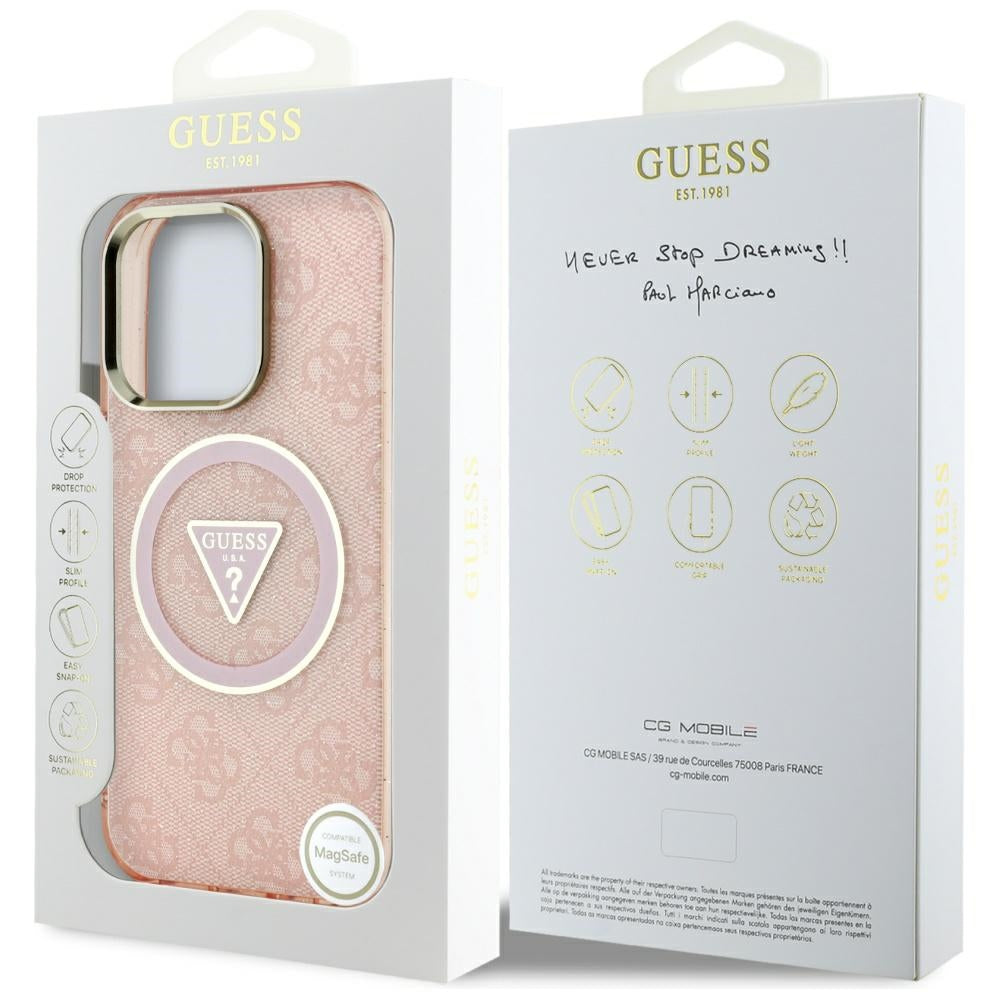 Husa MagSafe pentru Apple iPhone 16 Pro Max, Guess, IML Glitter 4G Circle Triangle, Roz