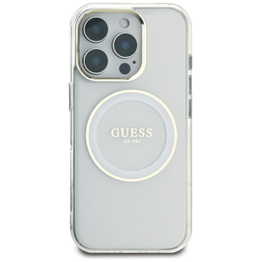 Husa MagSafe pentru Apple iPhone 16 Pro Max, Guess, IML Metal Colored Circle, Alba