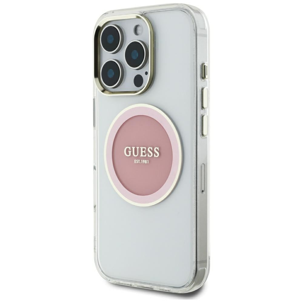 Husa MagSafe pentru Apple iPhone 16 Pro Max, Guess, IML Metal Colored Circle, Roz