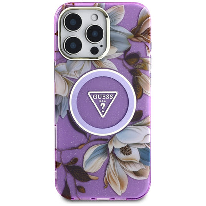 Husa MagSafe pentru Apple iPhone 16 Pro Max, Guess, IML Metal Glitter Flowers Triangle, Mov
