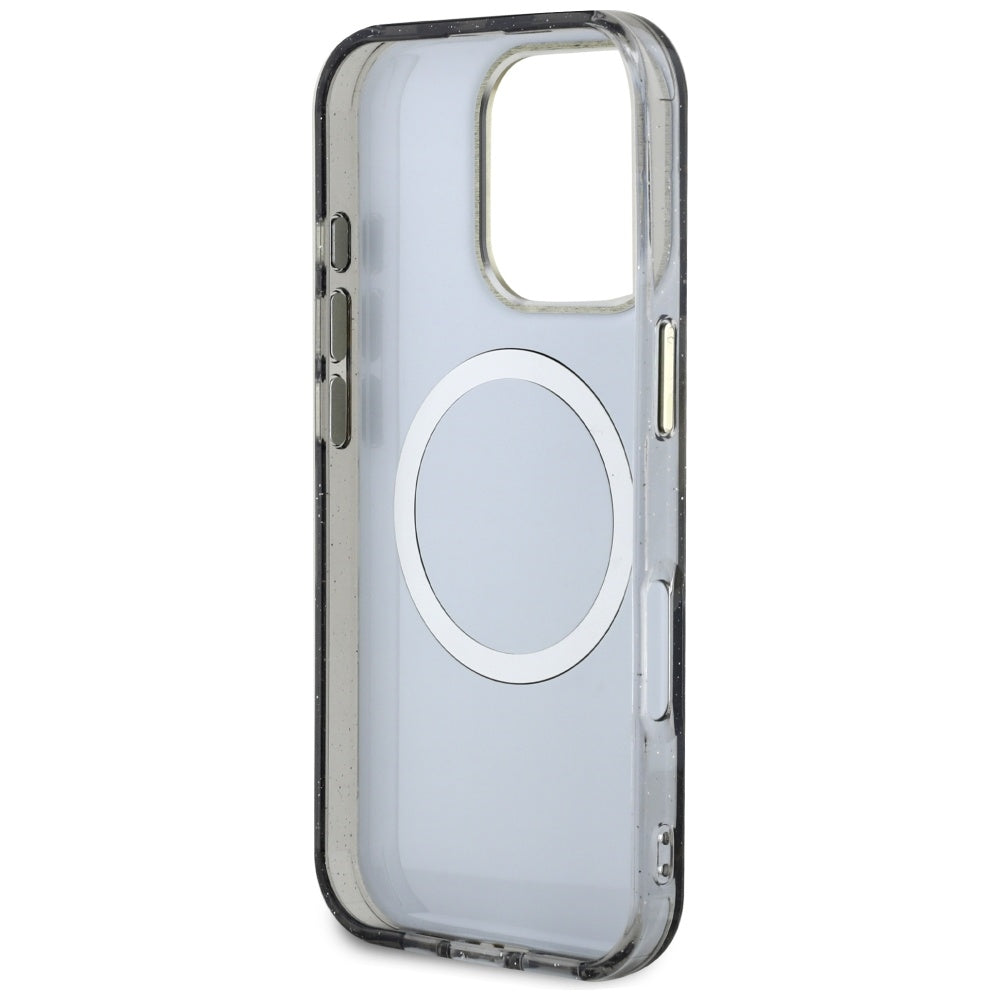 Husa MagSafe pentru Apple iPhone 16 Pro Max, Guess, IML Metal Glitter Flowers Triangle, Neagra