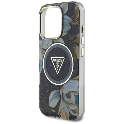 Husa MagSafe pentru Apple iPhone 16 Pro Max, Guess, IML Metal Glitter Flowers Triangle, Neagra