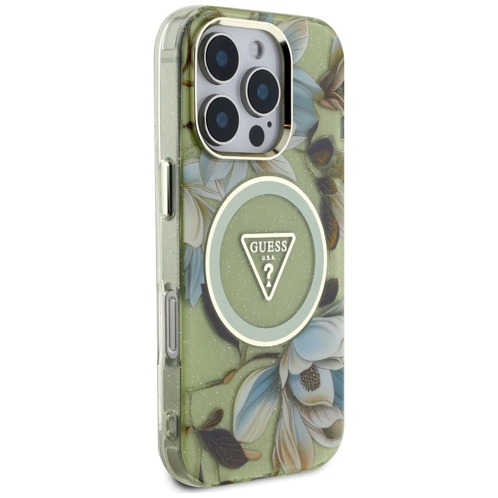 Husa MagSafe pentru Apple iPhone 16 Pro Max, Guess, IML Metal Glitter Flowers Triangle, Verde