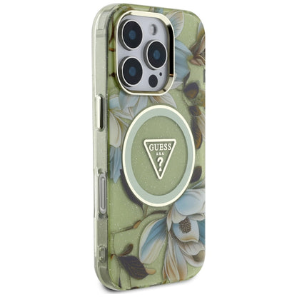 Husa MagSafe pentru Apple iPhone 16 Pro Max, Guess, IML Metal Glitter Flowers Triangle, Verde