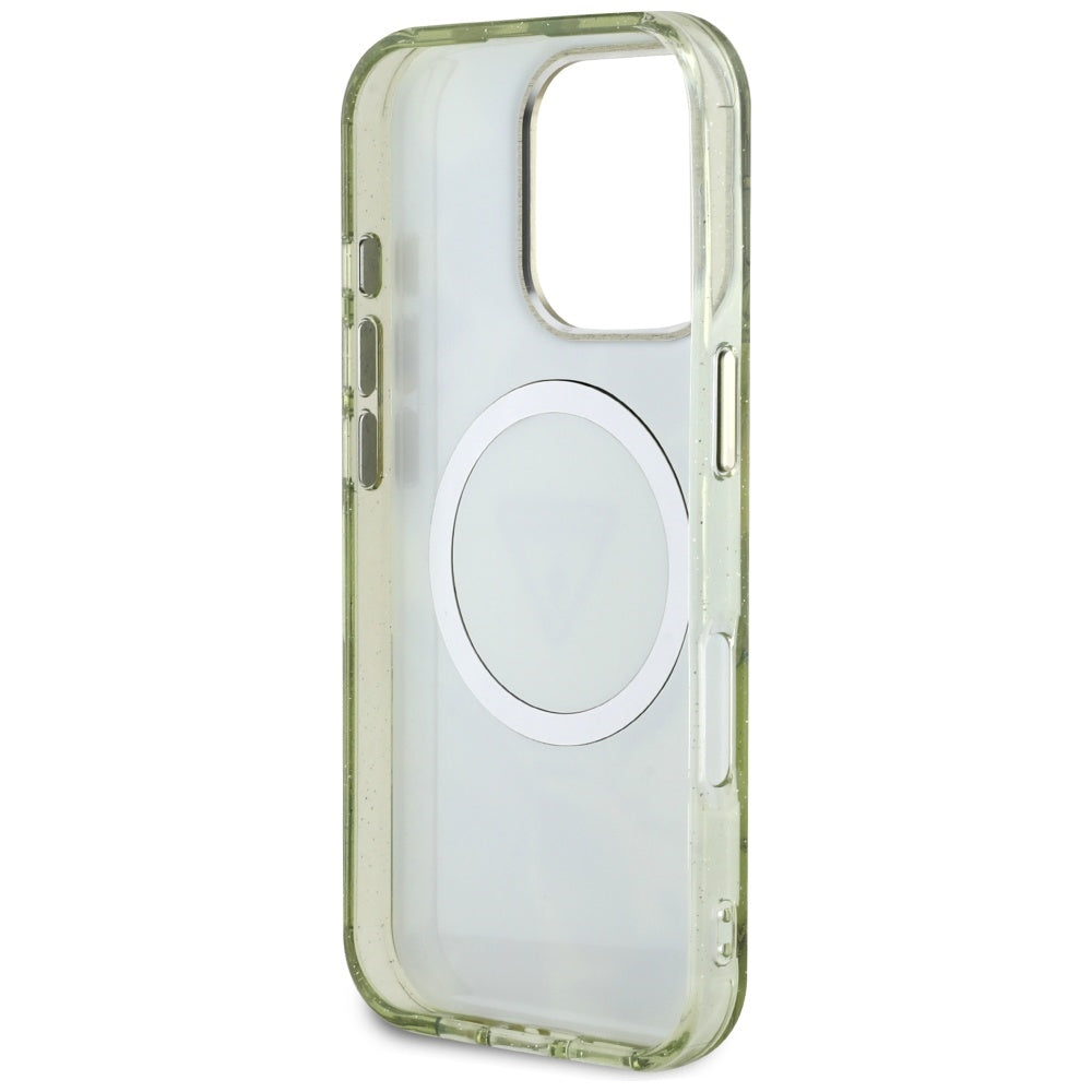 Husa MagSafe pentru Apple iPhone 16 Pro Max, Guess, IML Metal Glitter Flowers Triangle, Verde